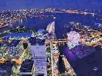 Zatoka Tokijska, Wyspa Honsiu, Z lotu ptaka, Japonia, Jokohama, Miasto nocą