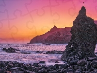 Kamienie, Morze, Wschód słońca, Wybrzeże, Playa de Caleta, Wyspy Kanaryjskie, Hiszpania, Skały, La Gomera