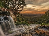 Skały, Wzgórza, Australia, Wodospad Moran Falls, Drzewa