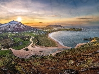Zachód słońca, Irlandia, Wzgórza, Zatoka, Zatoka, Hrabstwo Donegal, Clonmany, Tullagh Bay, Wybrzeże, Morze