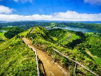 Lagoa Rasa, Kaldera, Góry, Zielone, Szlak, Wzgórze, Jezioro, Droga, Portugalia, Wyspa Sao Miguel, Azory, Jeziora, Miradouro da Boca do Inferno