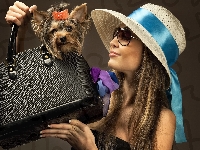Kobieta, Torebka, Kapelusz, Yorkshire terrier, Okulary