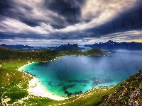 Jezioro, Z lotu ptaka, GOry, Chmury, Norwegia