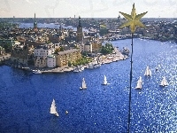 Zabudowania, Gwiazda, Woda, Żaglówki, Most