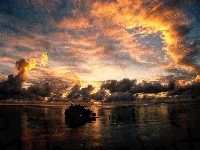 Zachód, Wysepka, Tahiti, Ocean, Chmury, Słońca