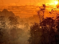 Zachód Słońca, Tajlandia, Drzewo, Góra