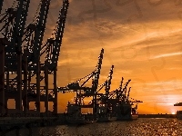 Zachód, Port, Dźwigi, Słońca