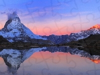 Zachód Słońca, Szwajcaria, Jezioro, Góry, Matterhorn