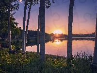 Zachód słońca, Kolorado, Stany Zjednoczone, Red Feather Lakes, Jezioro, Drzewa