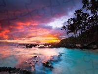 Zachód słońca, Hawaje, Morze, Chmury, Kurort Wailea, Wyspa Maui, Palmy