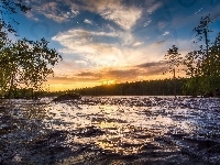 Zachód słońca, Norwegia, Rzeka Neitijoki, Drzewa