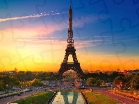 Zachód, Wieża Eiffla, Francja, Paryż, Słońca