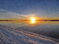 Zachód, Jezioro, Plaża, Słońca