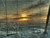 Zachód, Huśtawki, Morze, Plaża, Słońca