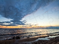 Plaża, Zachód, Kamienie, Chmury, Morze, Niebo, Słońca