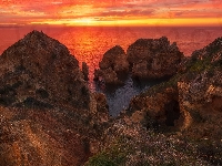 Portugalia, Morze, Algarve, Zachód słońca, Skały