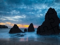 Zachód, Ocean, Skały, Słońca