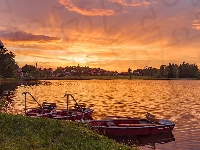 Łódki, Zachód słońca, Jezioro, Domy