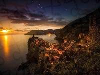 Włochy, Zachód Słońca, Vernazza, Cinque Terre, Wybrzeże