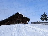 Zagroda, Niebo, Śnieg, Domek, Drzewo