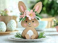 Wielkanoc, Zajączek, Pisanki, Kwiaty, Talerze