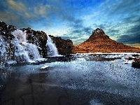 Zamarzające, Islandia, Zima, Góra, Wodospady