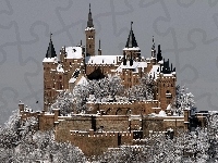 Wzgórze, Drzewa, Niemcy, Zamek Hohenzollern, Zima