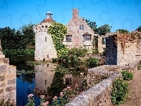 Dworek, Chmury, Anglia, Zieleń, Staw, Scotney Castle, Hrabstwo Kent