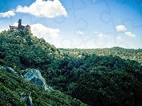 Zamek, Wzgórza, Las, Niebo