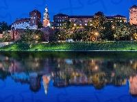 Zamek na Wawelu, Polska, Wisła, Odbicie, Rzeka, Kraków, Noc