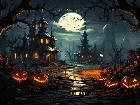 Grafika, Drzewa, Dynie, Zamki, Halloween, Noc