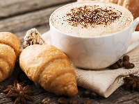 Croissanty, Kawa, Rogaliki, Ziarna, Filiżanka, Cappuccino, Ściereczka