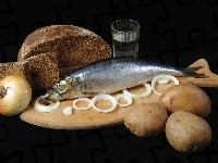 Ziemniaki, Cebula, Chleb, Śledź, Deseczka