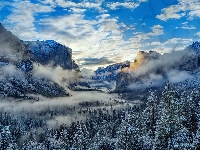 Góry, Park Narodowy Yosemite, Mgła, Kalifornia, Dolina Yosemite Valley, Zima