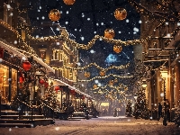 Oświetlenie, Boże Narodzenie, Zima, Ulica, Noc, Domy