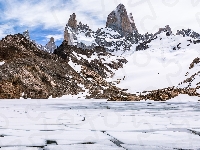 Patagonia, Argentyna, Laguna de los Tres, Zima, Góry, Jezioro, Park Narodowy Los Glaciares, Szczyt Fitz Roy