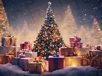 Boże Narodzenie, Choinka, Zima, Grafika, Prezenty