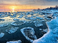 Lake Huron, Michigan, Stany Zjednoczone, Point Aux Barques, Zima, Lodowe, Wschód słońca, Jezioro, Kry
