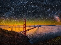 Golden Gate Bridge, Stan Kalifornia, Stany Zjednoczone, Skały, Cieśnina Golden Gate, Gwiazdy, Droga Mleczna, Most, Noc
