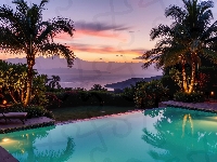 Leżaki, Basen, Palmy, Zmierzch