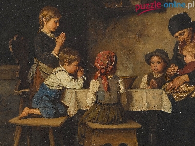 Obraz, Modlitwa, Rodzina, Franz von Defregger, Kobieta, Malarstwo, Dzieci, Stół