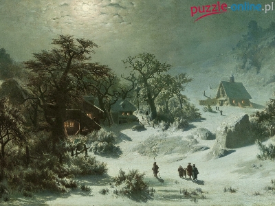 Malarstwo, Drzewa, Domy, Adolf Kosarek, Śnieg, Obraz, Zima, Postacie