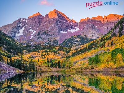 Drzewa, Góry Skaliste, Odbicie, Stany Zjednoczone, Jezioro Maroon Lake, Szczyty Maroon Bells, Stan Kolorado