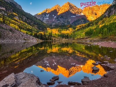 Księżyc, Góry Skaliste, Drzewa, Stany Zjednoczone, Jezioro Maroon Lake, Szczyty Maroon Bells, Stan Kolorado